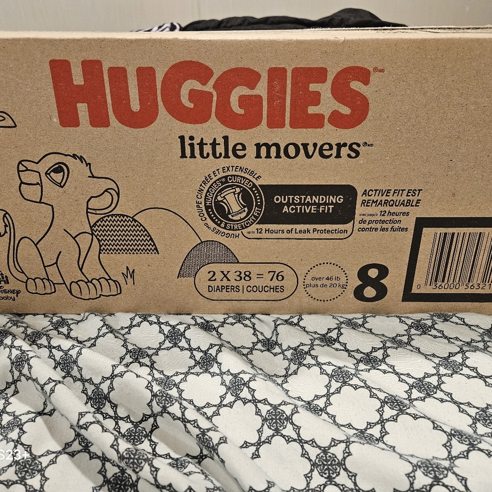 NIB Huggies Little Movers Size 8 Diapers. Total Of 76 In Box (2 Packs Of 38)